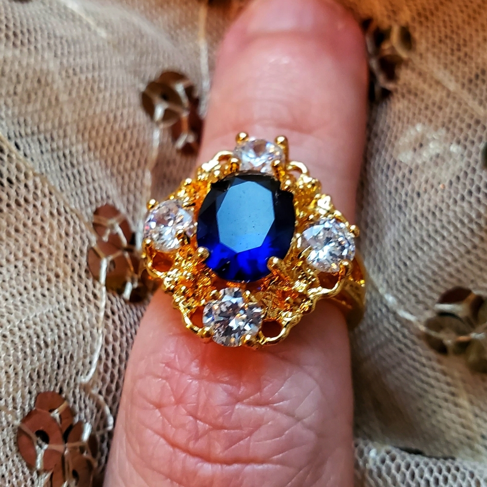 Deep Blue Sea Ornate Gold Plated Ring Size 6